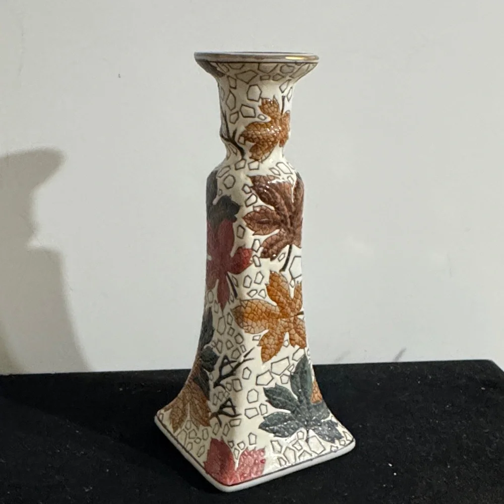 Vintage Hand Painted Fall Leaf Pattern Textured Candlestick Holder 1940